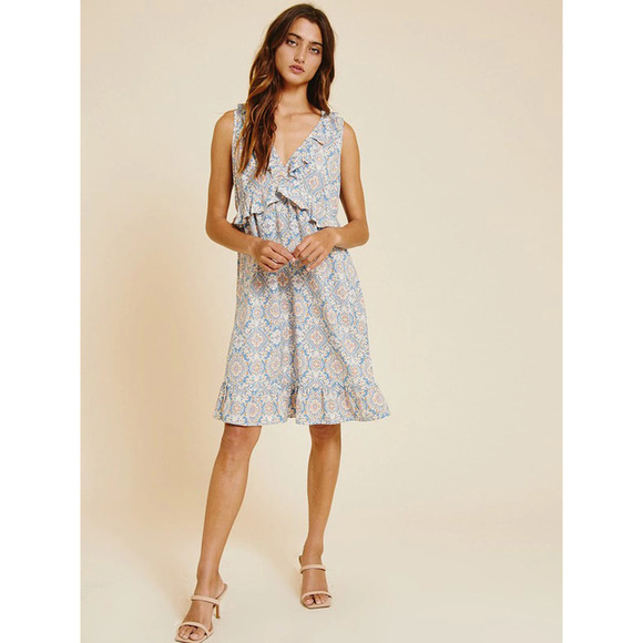 Ces Femme Dresses & Skirts - Icy Blue Sleeveless Ruffle Waist Floral Dress